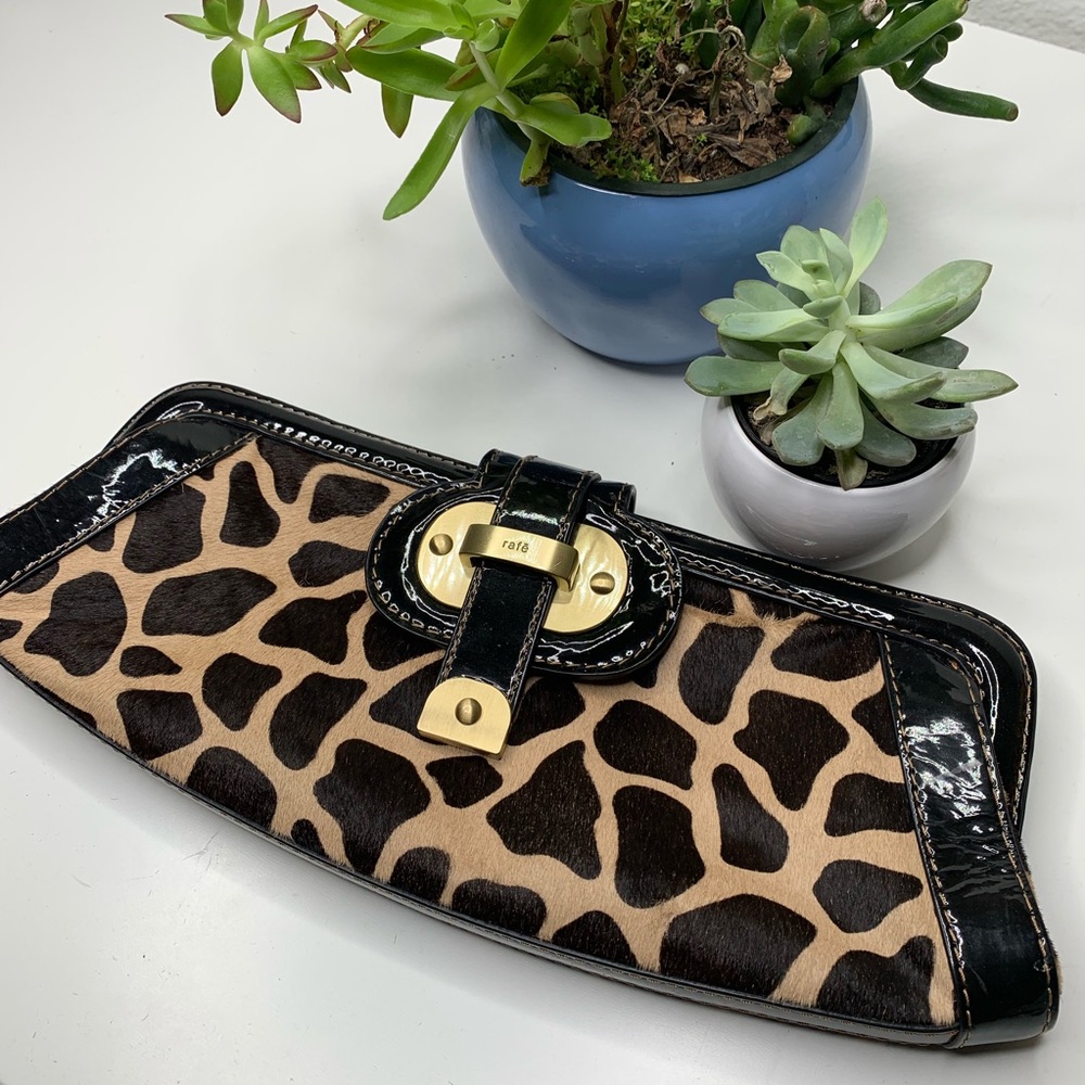 Rafe Leopard Print Clutch with Black Patent Trim and Gold Hardware